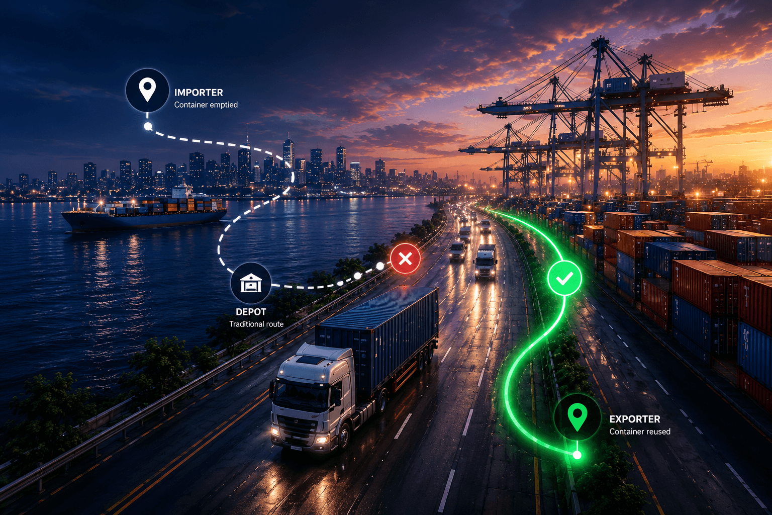 Container truck on a port road at dusk, with a dashed white route detouring through a depot marked with a red X, and a glowing emerald route going directly to the exporter terminal
