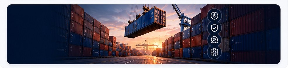 Container yard at sunset with a container being lifted by a gantry crane