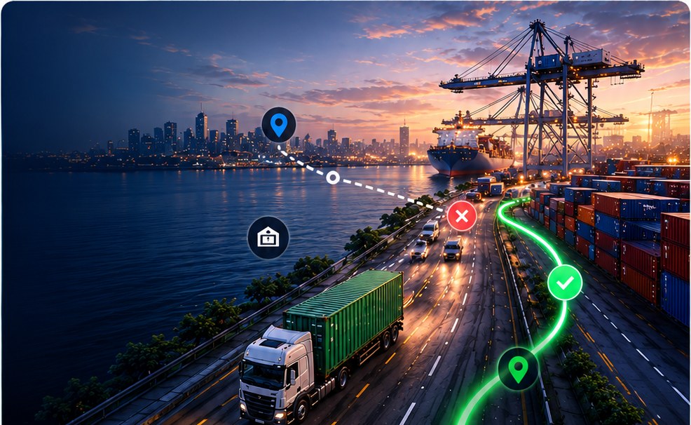 Port road at dusk with a container truck on the optimized street-turn route bypassing the depot